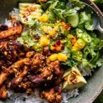 Chili Crisp Chicken Mango Cucumber Rice Bowl.